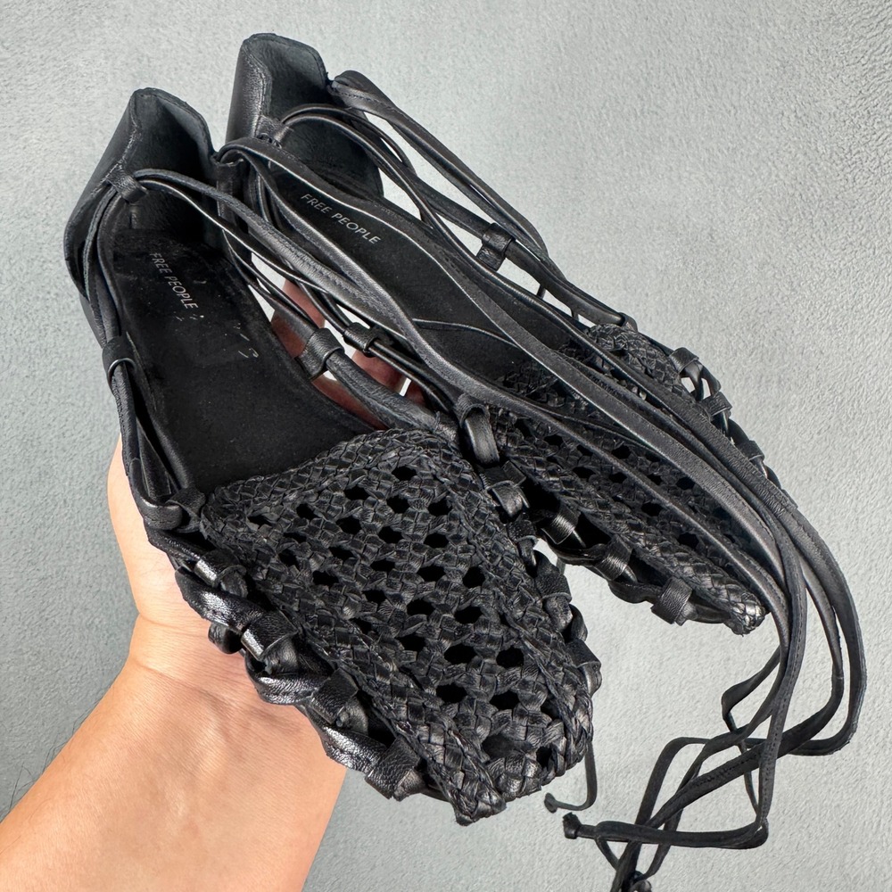 Free People Hermosa Woven Flat Black Leather Lace Up Gladiator Sandals 7